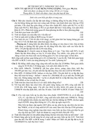 Đề thi học kỳ II môn Quản lý và sử dụng năng lượng - Năm học 2013-2014 (Có đáp án)