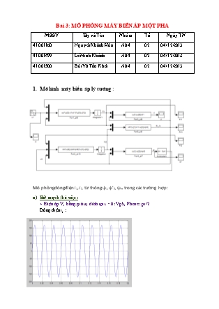 Bài báo cáo thí nghiệm Máy điện - Bài 3: Mô phỏng máy biến áp một pha - Nguyễn Khánh Hòa