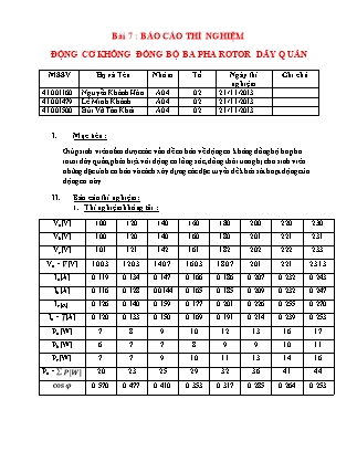 Bài báo cáo thí nghiệm Máy điện - Bài 7: Động cơ không đồng bộ ba pha rotor dây quấn - Nguyễn Khánh Hòa