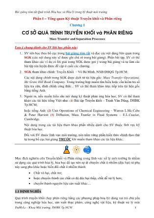 Bài giảng Quá trình hóa học & hóa lý trong công nghệ môi trường - Chương 1: Cơ sở quá trình truyền khối và phân riêng (Phần 1) - Dư Mỹ Lệ