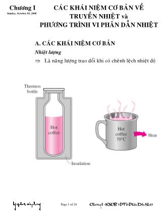 Bài giảng Truyền nhiệt - Chương 1: Các khái niệm cơ bản về truyền nhiệt và phương trình vi phân dẫn nhiệt - Nguyễn Toàn Phong