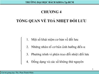 Bài giảng Truyền nhiệt - Chương 4: Tổng quan về toả nhiệt đối lưu - Phan Thành Nhân