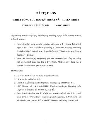 Bài tập lớn Nhiệt động lực học kỹ thuật và truyền nhiệt - Nguyễn Viết Hải