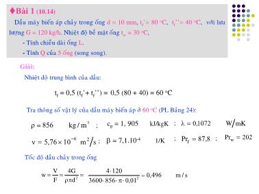 Bài tập ôn tập chương Đối lưu cưỡng bức môn Truyền nhiệt và thiết bị trao đổi nhiệt