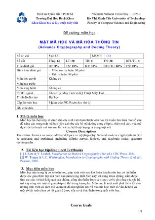 Đề cương môn học Mật mã học và mã hóa thông tin (Advance cryptography and coding theory)