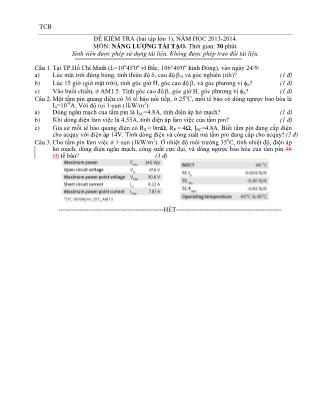Đề kiểm tra (Bài tập lớn 1) môn Năng lượng tái tạo - Năm học 2013-2014 (Có đáp án)