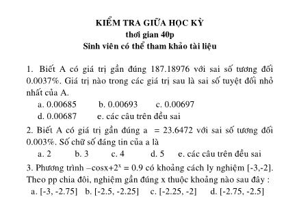 Đề kiểm tra giữa học kỳ môn Phương pháp tính