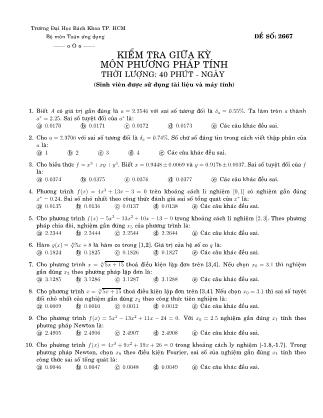 Đề kiểm tra giữa kỳ môn Phương pháp tính - Đề số 2667 - Đại học Bách khoa thành phố Hồ Chí Minh