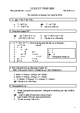 Đề thi giữa kỳ môn Luận lý toán học năm 2008 - Mã đề 0101
