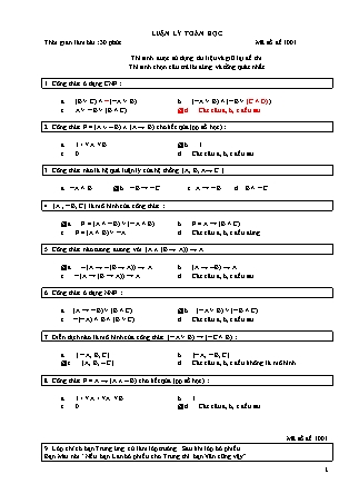 Đề thi giữa kỳ môn Luận lý toán học năm 2010 - Mã đề 1001