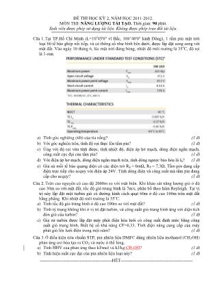 Đề thi học kỳ 2 môn Năng lượng tái tạo - Năm học 2011-2012 (Có đáp án)