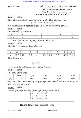 Đề thi học kỳ II môn Phương pháp tính (Lần 1) - Năm học 2009-2010 (Có đáp án)
