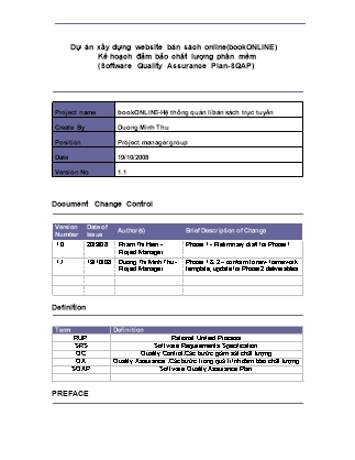 Dự án Xây dựng website bán sách online (BookONLINE) - Kế hoạch đảm bảo chất lượng phần mềm (Software quality assurance plan - SQAP)