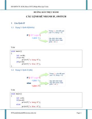 Hướng dẫn thực hành Nhập môn lập trình - Bài: Câu lệnh rẽ nhánh if, switch - Bùi Thị Danh