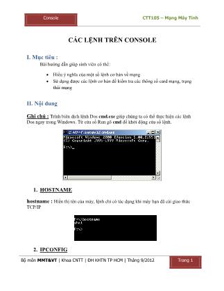 Tài liệu Hướng dẫn thực hành môn Mạng máy tính - Bài 1: Các lệnh trên Console