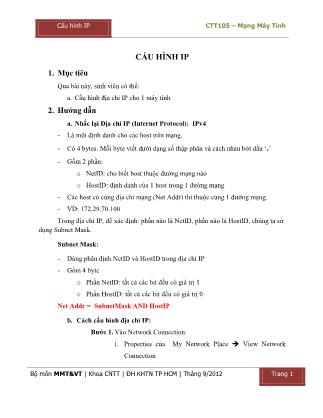 Tài liệu Hướng dẫn thực hành môn Mạng máy tính - Bài 2: Cấu hình IP