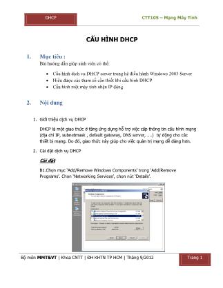 Tài liệu Hướng dẫn thực hành môn Mạng máy tính - Bài 4: Cấu hình DHCP