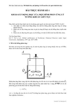 Tài liệu thực hành môn học Mô hình hóa, mô phỏng và tối ưu hóa các quá trình hóa học - Bài thực hành số 1: Khảo sát động học của một bình phản ứng lý tưởng khuấy liên tục