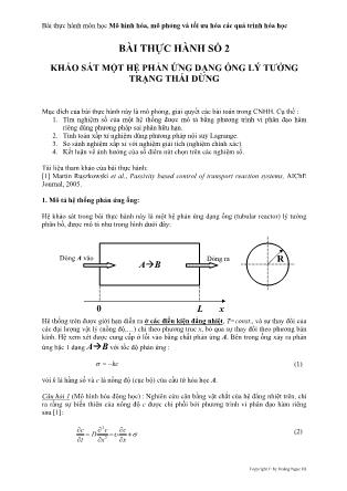 Tài liệu thực hành môn học Mô hình hóa, mô phỏng và tối ưu hóa các quá trình hóa học - Bài thực hành số 2: Khảo sát một hệ phản ứng dạng ống lý tưởng trạng thái dừng