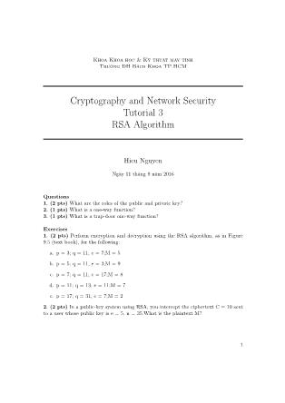 Tài liệu thực hành môn Mật mã và An ninh mạng - Tutorial 3: RSA Algorithm - Nguyễn Hữu Hiếu