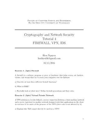 Tài liệu thực hành môn Mật mã và An ninh mạng - Tutorial 4: Firewall, VPN, IDS - Nguyễn Hữu Hiếu