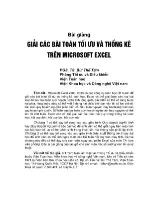 Bài giảng Giải các bài toán tối ưu và thống kê trên Microsoft Excel - Bùi Thế Tâm