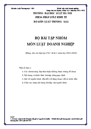 Bộ bài tập nhóm môn Luật doanh nghiệp (Dùng cho các lớp học chất lượng cao từ kì 1 năm học 2021-2022) - Đại học Luật Hà Nội