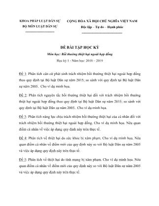 Đề bài tập học kỳ 1 môn học Bồi thường thiệt hại ngoài hợp đồng - Năm học 2018-2019