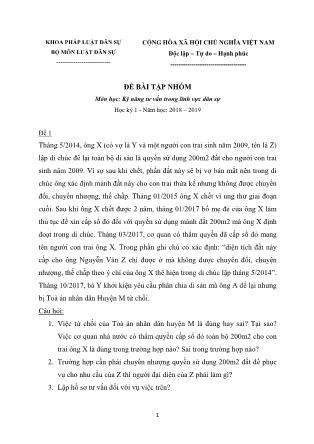 Đề bài tập nhóm học kỳ 1 môn Kỹ năng tư vấn trong lĩnh vực dân sự - Năm học 2018-2019