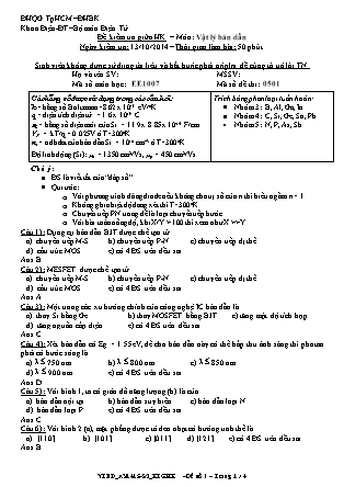 Đề kiểm tra giữa học kỳ môn Vật lý bán dẫn năm 2014 - Mã đề 0501 - Đại học Bách khoa thành phố Hồ Chí Minh