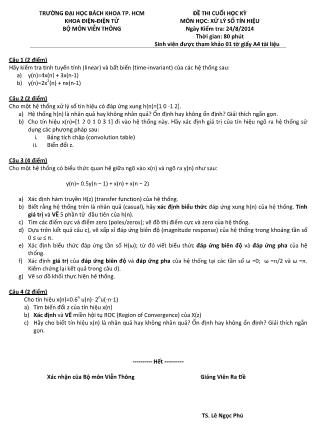 Đề thi học kỳ môn Xử lý số tín hiệu - Ngày kiểm tra: 24/8/2014 - Lê  Ngọc  Phú