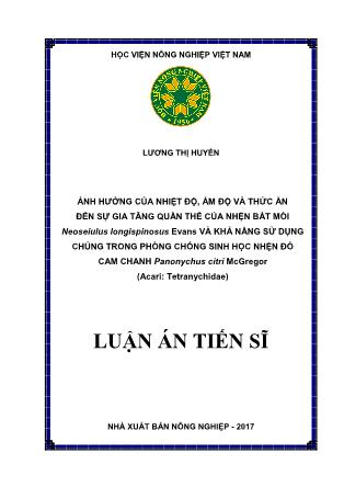 Luận án Ảnh hưởng của nhiệt độ, ẩm độ và thức ăn đến sự gia tăng quần thể của nhện bắt mồi Neoseiulus longispinosus Evans và khả năng sử dụng chúng trong phòng chống sinh học nhện đỏ cam chanh Panonychus citri McGregor (Acari: Tetranychidae)