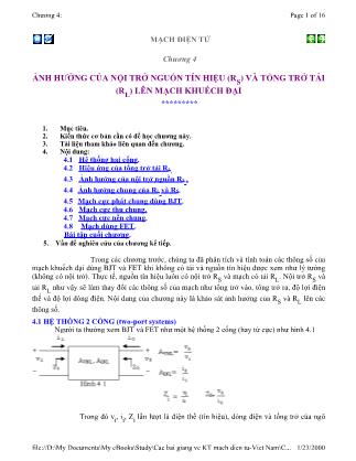 Bài giảng môn Mạch điện tử - Chương 4: Ảnh hưởng của nội trở nguồn tín hiệu (Rs) và tổng trở tải (Rl) lên mạch khuếch đại
