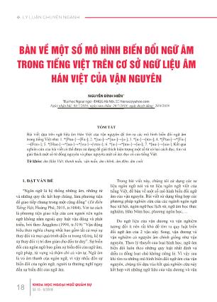 Bàn về một số mô hình biến đổi ngữ âm trong Tiếng Việt trên cơ sở ngữ liệu âm hán việt của vận nguyên