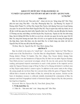 Khảo cứu bước đầu về địa danh bàu ấu và nhân vật Lịch sử Nguyễn Duy Kế (Duy xuyên - Quảng Nam)
