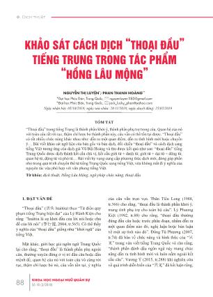 Khảo sát cách dịch “Thoại đầu” tiếng trung trong tác phẩm “Hồng lâu mộng”